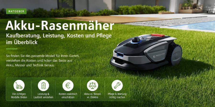 Moderner Akku-Rasenm&auml;her auf gepflegtem Gartenrasen