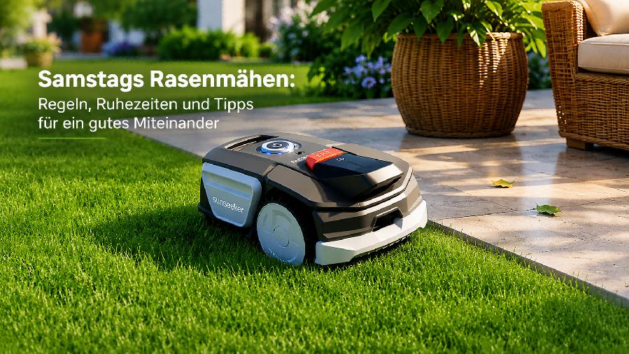Leiser Mähroboter mäht Rasen im deutschen Wohngebiet