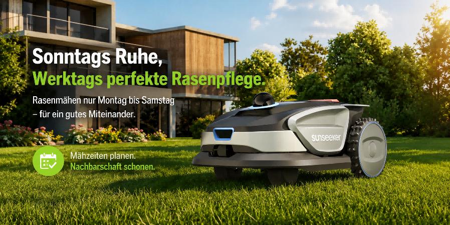 Maehroboter im Garten waehrend gesetzlicher Ruhezeiten