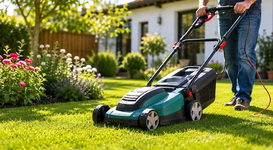 Elektro-Rasenmaeher im gepflegten Hausgarten beim Maehen