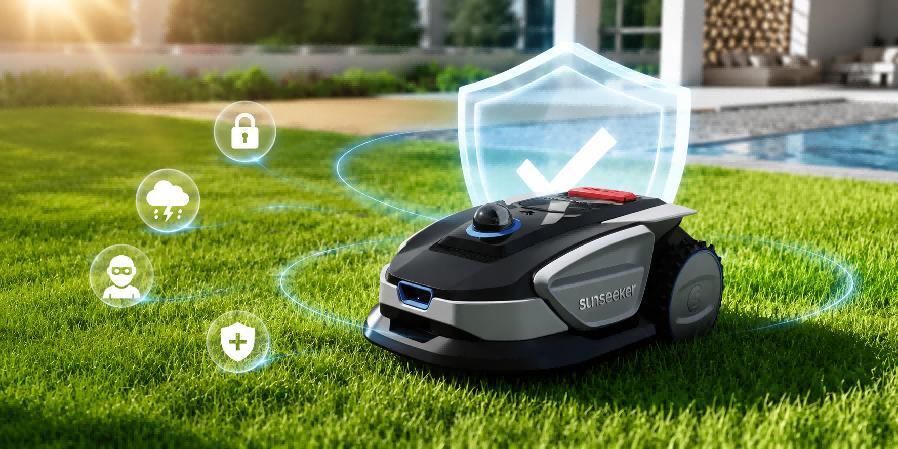 Moderner Mähroboter mit Versicherungsschutz im Garten