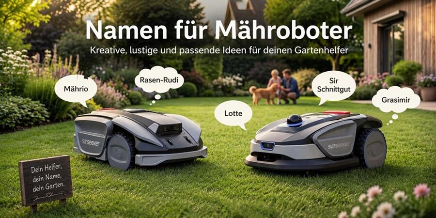 Moderne Mähroboter im Garten mit kreativen Namensideen