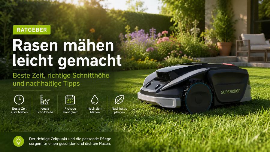 Sunseeker M盲hroboter auf gepflegtem Gartenrasen im Fr眉hling