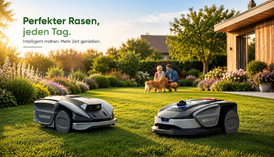 Rasenm&auml;hroboter m&auml;ht gepflegten Garten am Abendlicht
