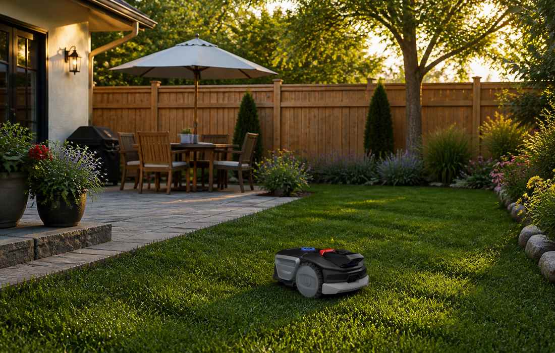 Sunseeker V1 Rasenm&auml;her im Vorstadtgarten mit Terrasse