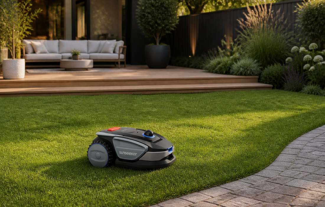 Sunseeker S4 Rasenm&auml;her im Garten mit Terrasse