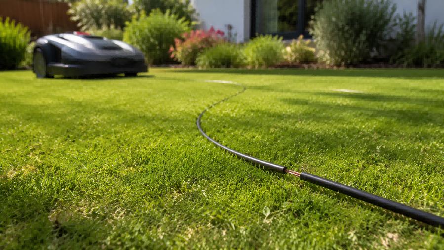 Câble périphérique coupé dans un jardin avec robot tondeuse