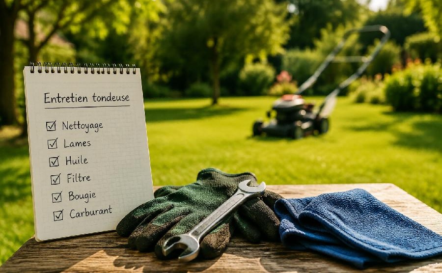 Checklist entretien tondeuse avec outils sur table jardin ensoleillé