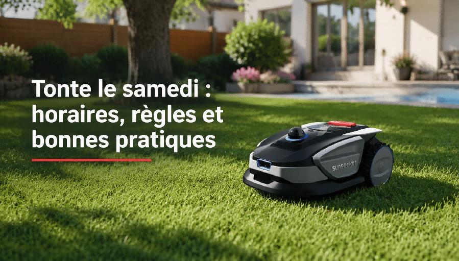 Tondeuse robotisée dans jardin résidentiel calme en journée