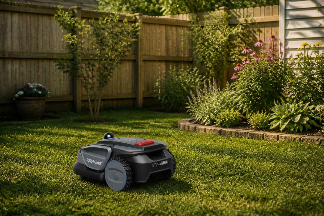Sunseeker S4 scarificateur dans un jardin suburbain