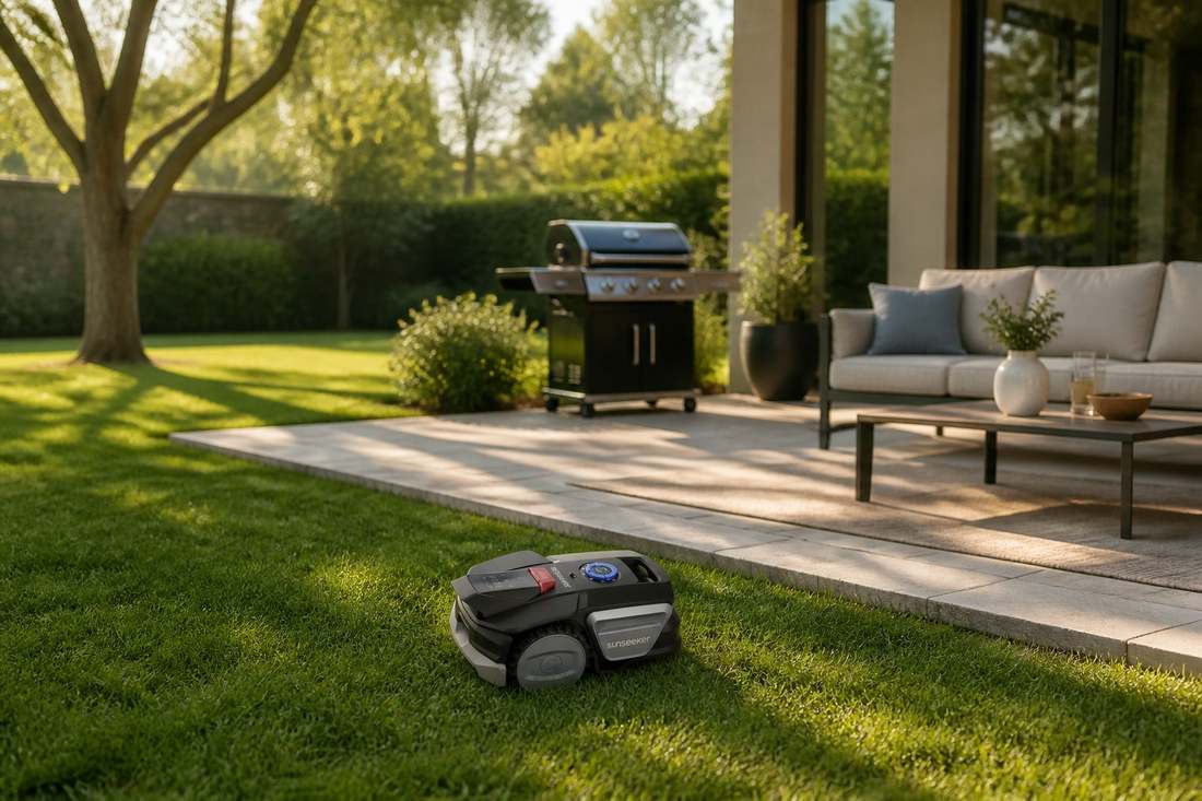 Tondeuse Sunseeker V1 dans un jardin arrière