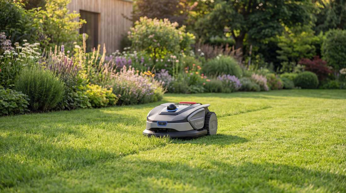 Robot tondeuse sur pelouse