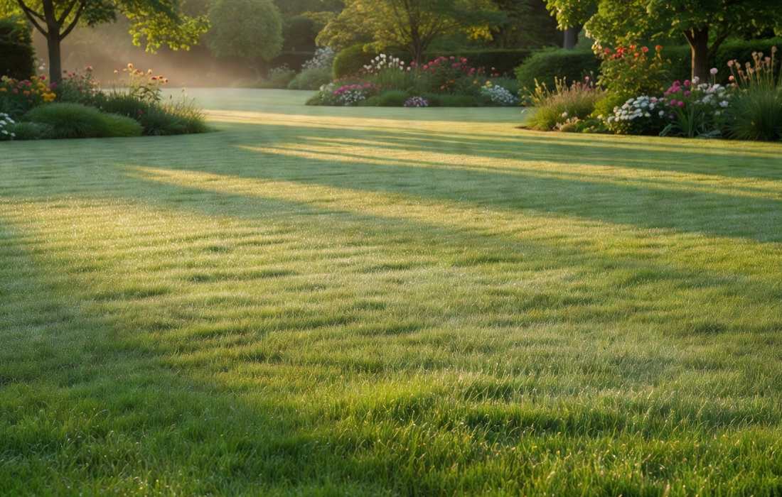 Pelouse verte paisible dans un jardin paysager
