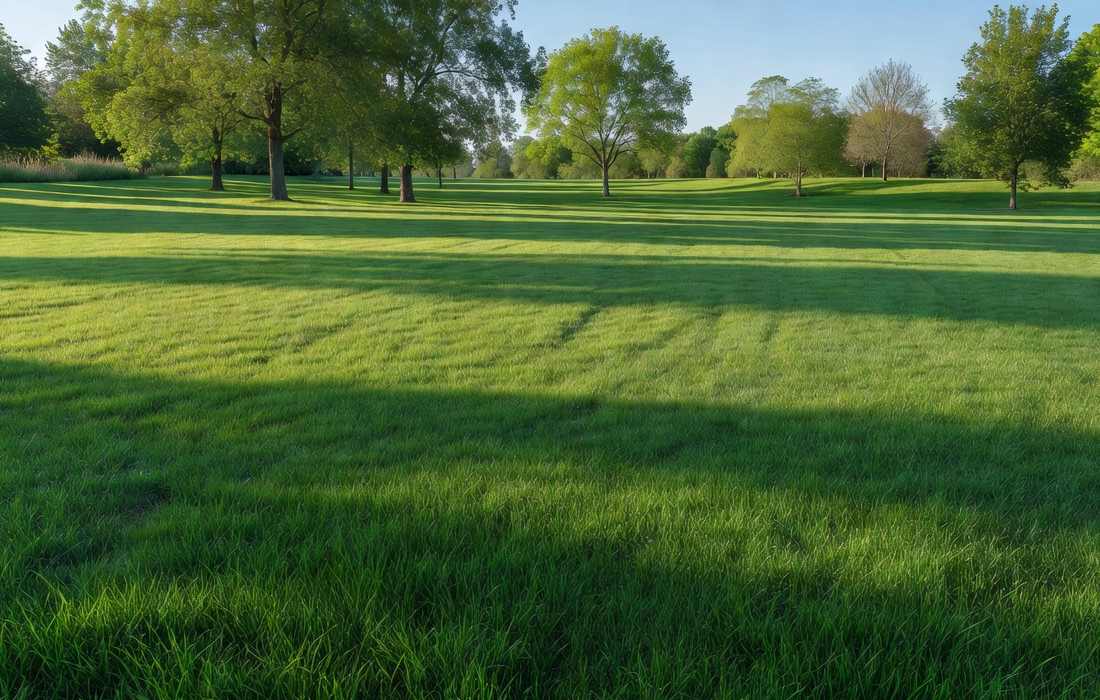 Grande pelouse verte dans un parc arbor&eacute;