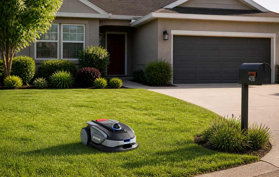 Sunseeker S4 lawn mower in suburban front yard