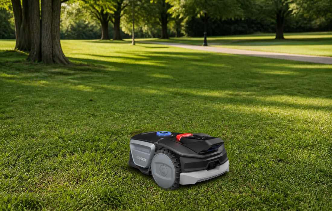Sunseeker V1 lawn mower in grassy park field