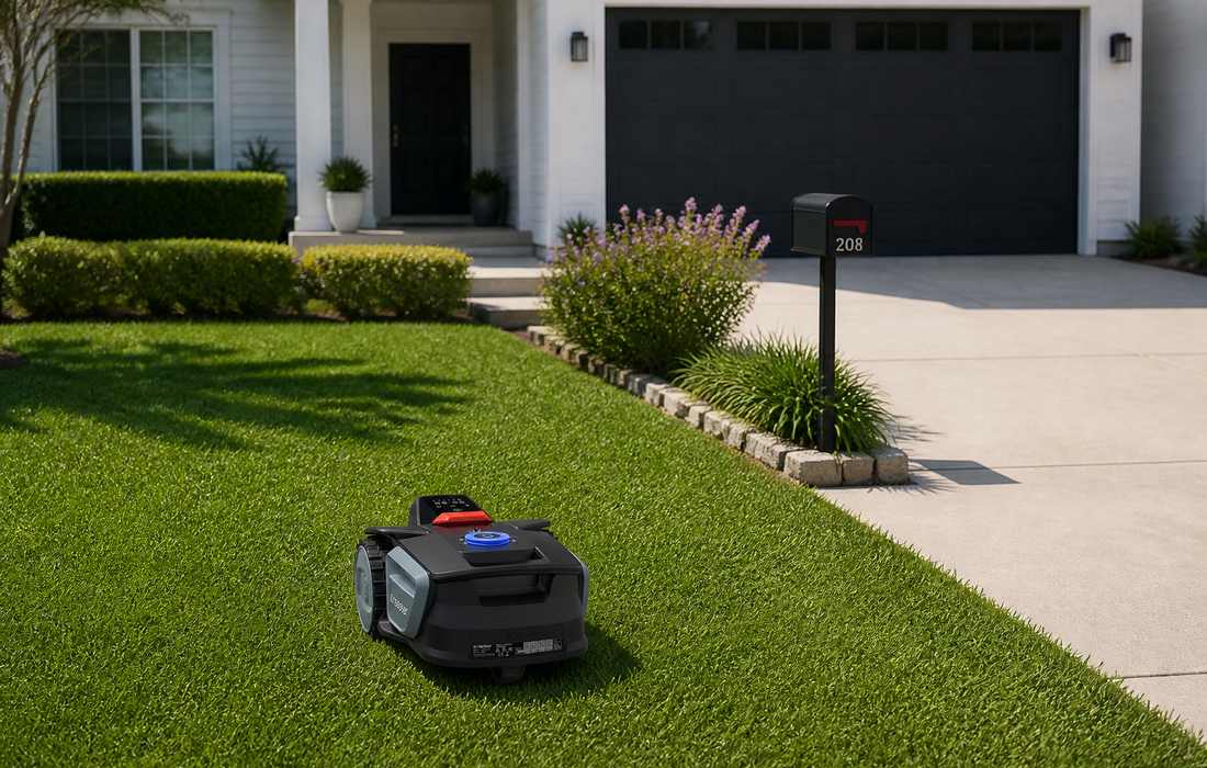 Sunseeker V1 lawn mower in suburban front yard