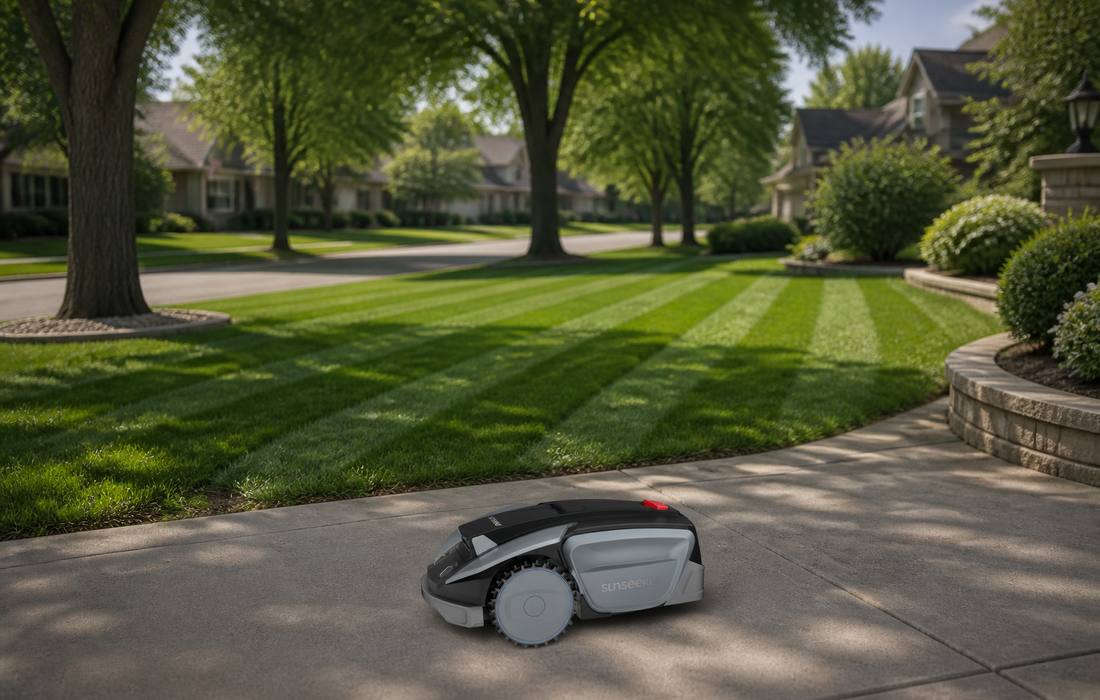 Sunseeker S5 mower on suburban driveway with lawn
