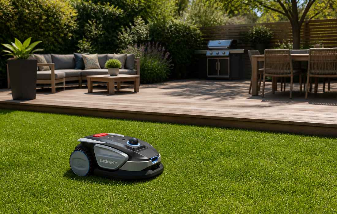 Sunseeker S4 lawn mower in backyard setting