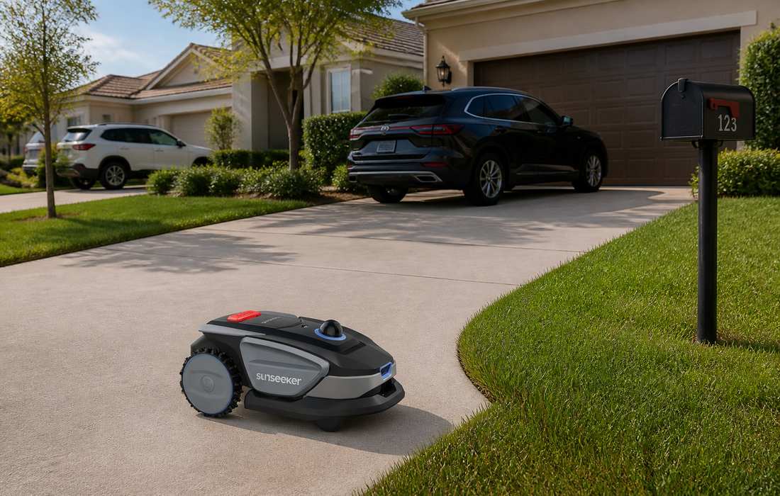 Sunseeker S4 lawn mower on suburban driveway