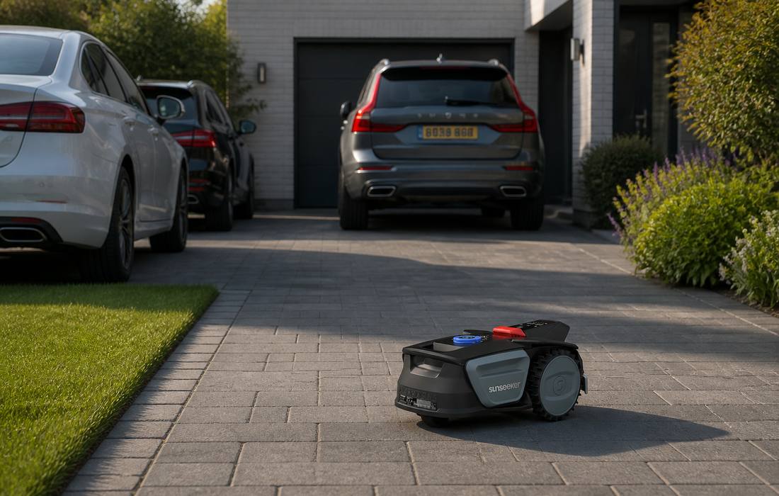 Sunseeker V1 lawn mower on suburban driveway