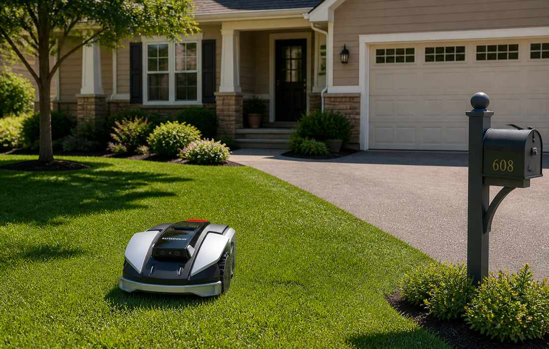 Sunseeker S5 mower in suburban front yard scene