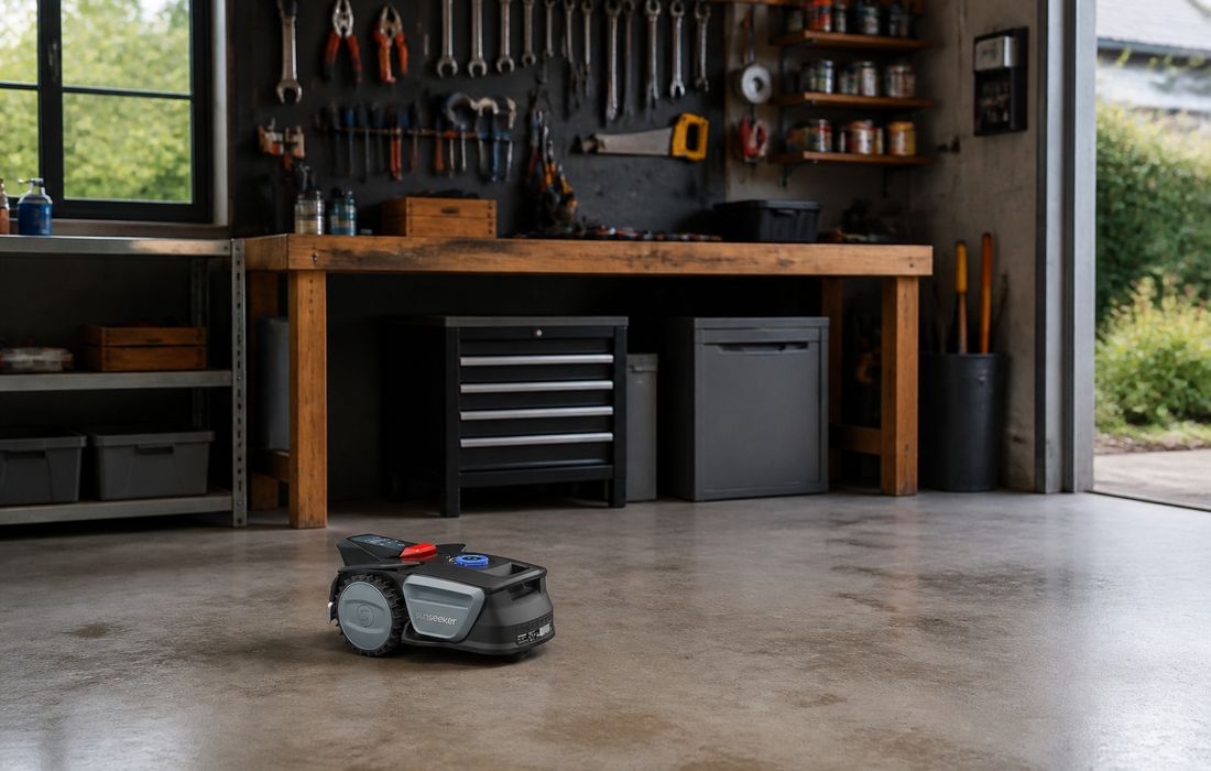 Sunseeker V1 lawn mower in backyard workshop