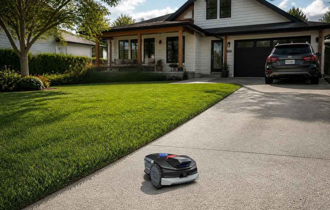 Sunseeker V1 lawn mower on suburban driveway