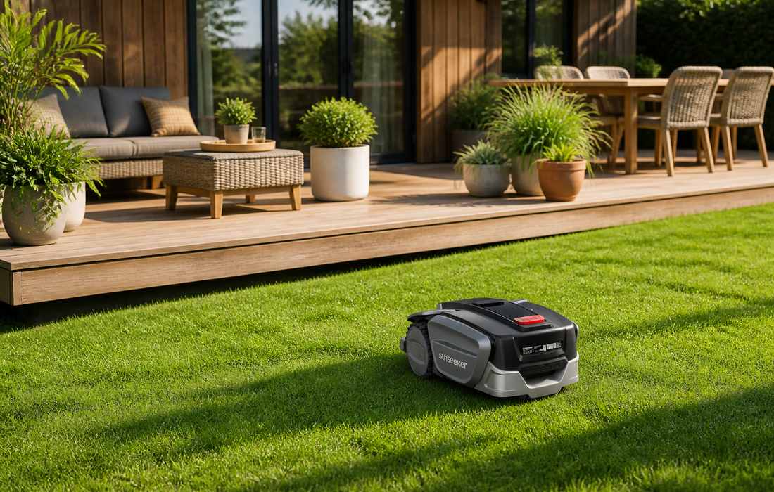 Sunseeker S5 lawn mower on backyard patio