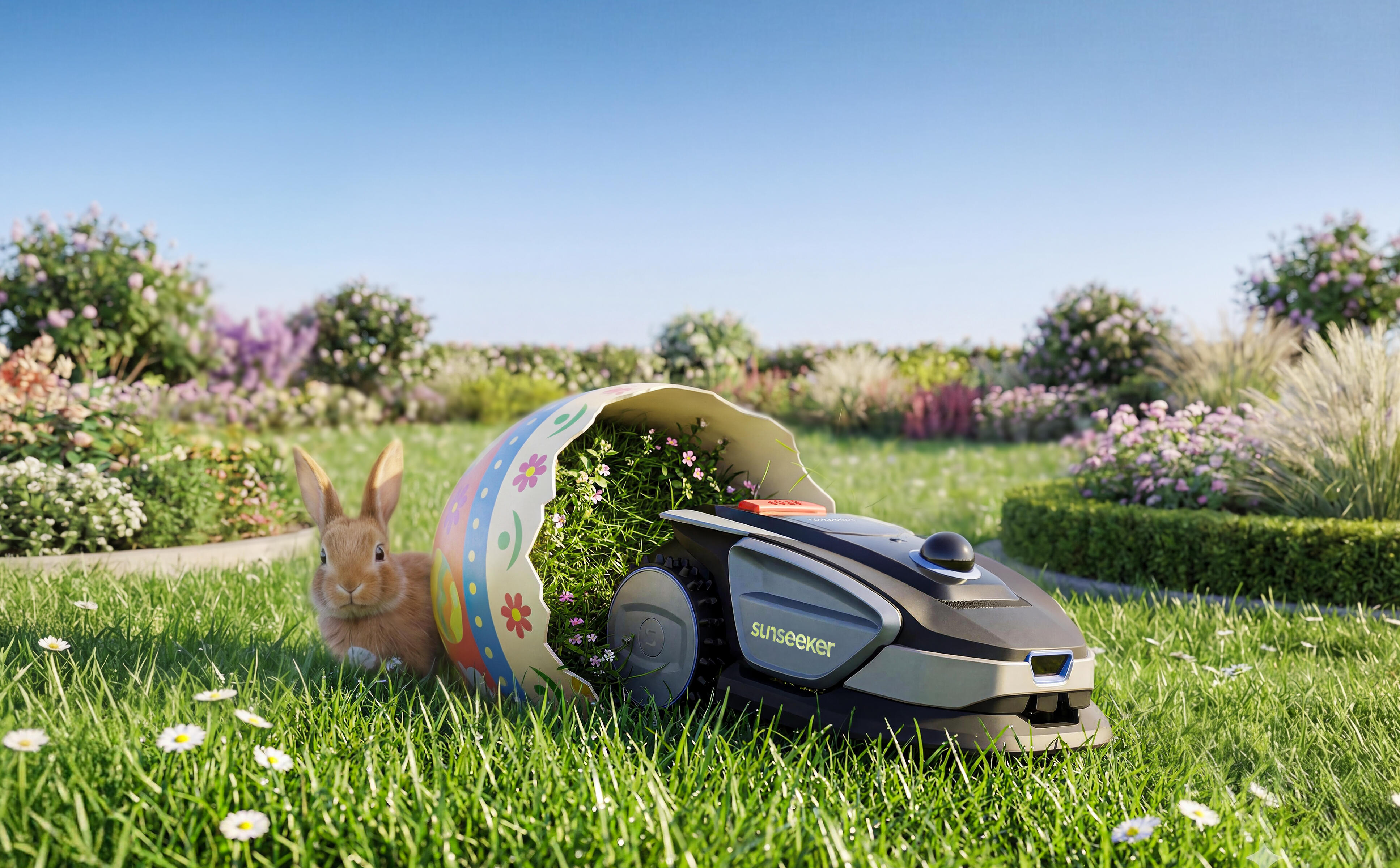Robot mower and bunny on the grass