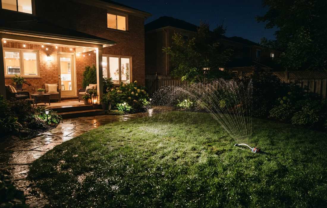 Watering lawn at night